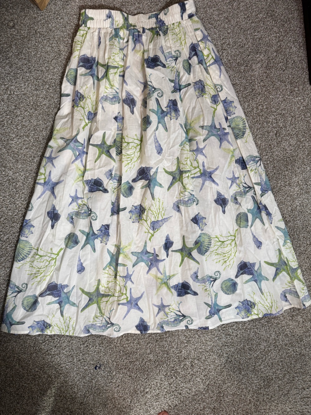 Tahari White Maxi Skirt with Blue and Green Seashell Print